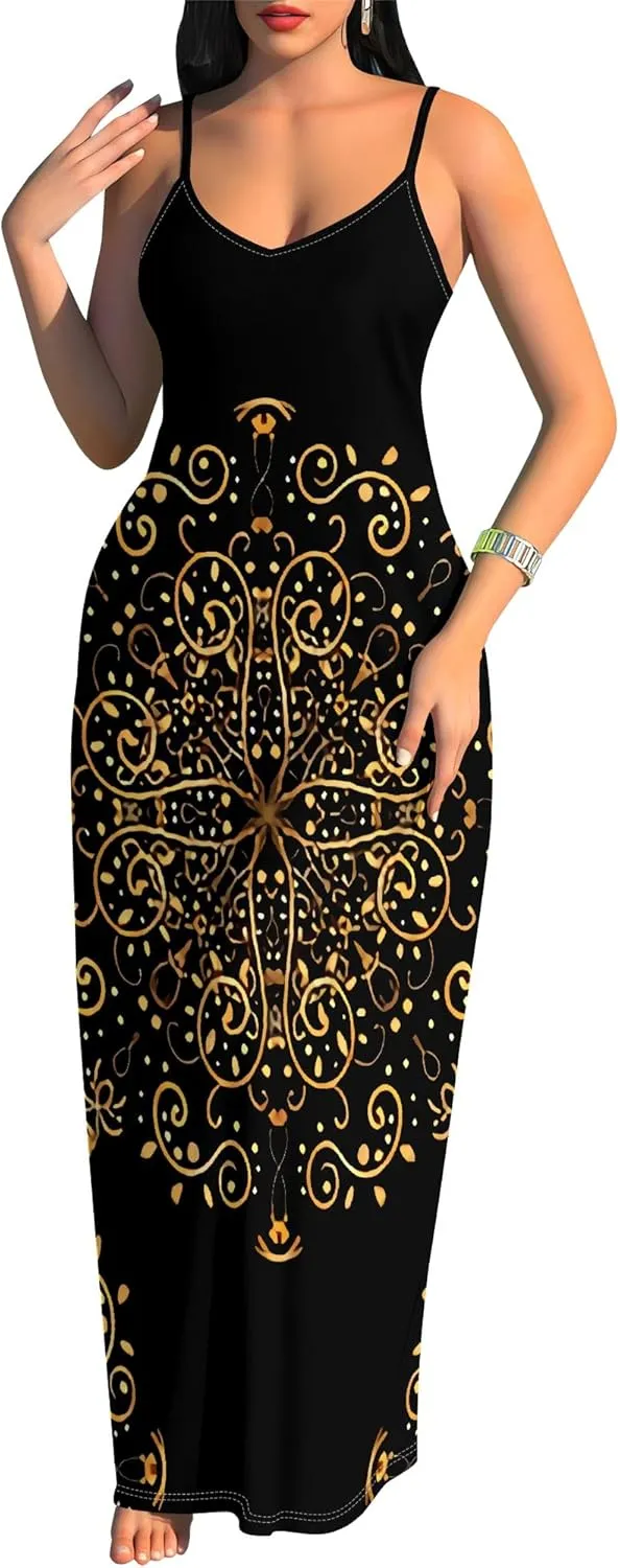 Women's Summer Maxi Dress Casual V-Neck African Print Sleeveless Spaghetti Strap Long Maxi Dresses Sexy Floral Beach Sundress