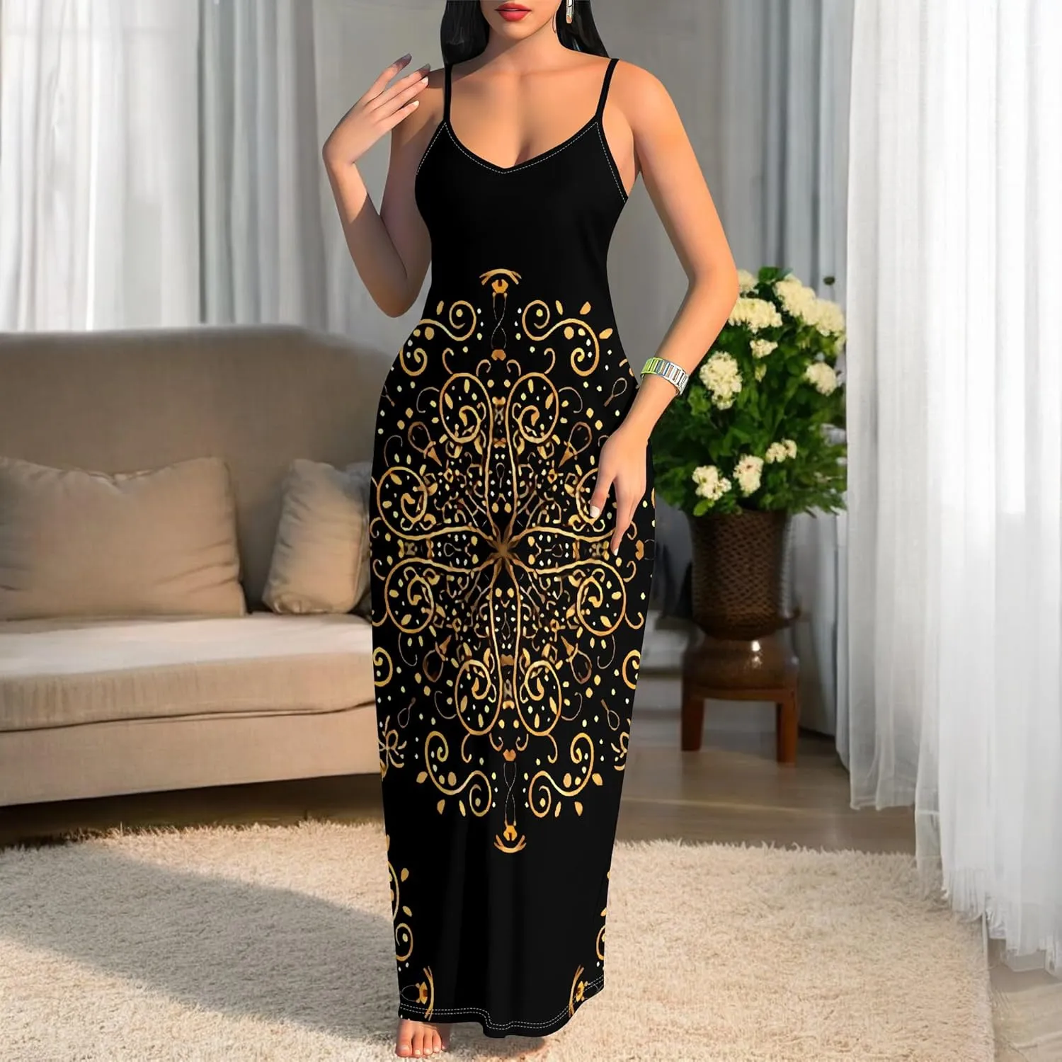 Women's Summer Maxi Dress Casual V-Neck African Print Sleeveless Spaghetti Strap Long Maxi Dresses Sexy Floral Beach Sundress