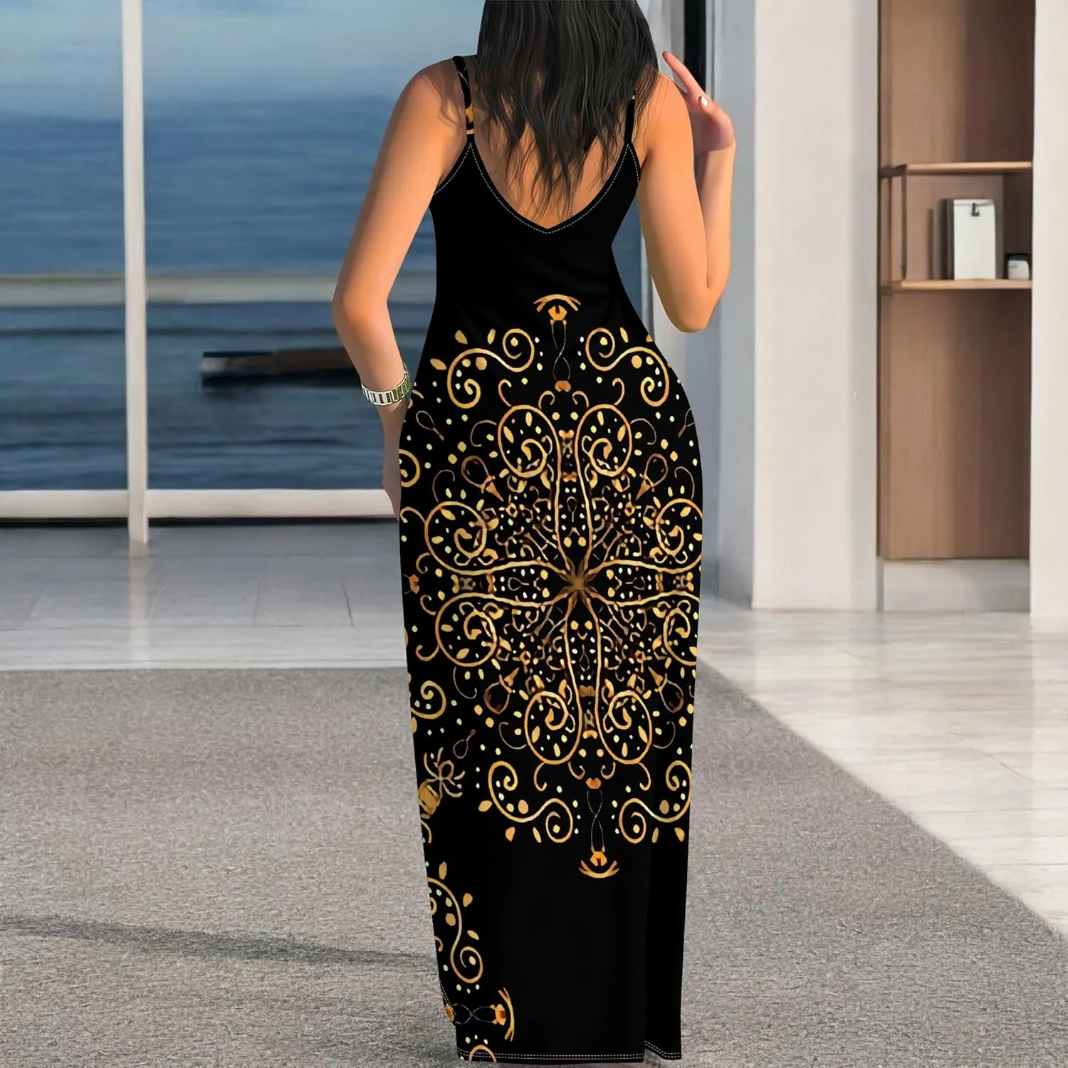 Women's Summer Maxi Dress Casual V-Neck African Print Sleeveless Spaghetti Strap Long Maxi Dresses Sexy Floral Beach Sundress
