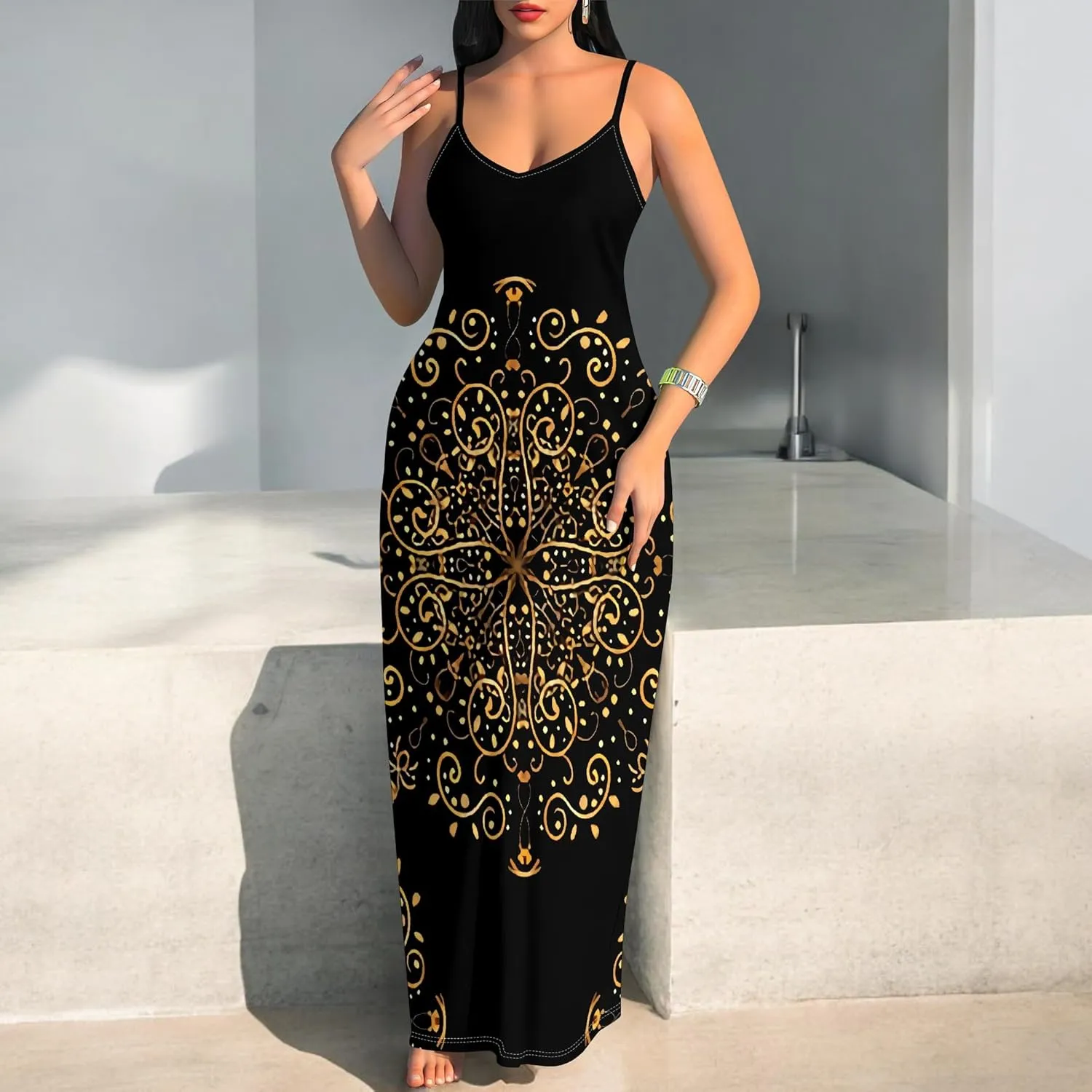 Women's Summer Maxi Dress Casual V-Neck African Print Sleeveless Spaghetti Strap Long Maxi Dresses Sexy Floral Beach Sundress