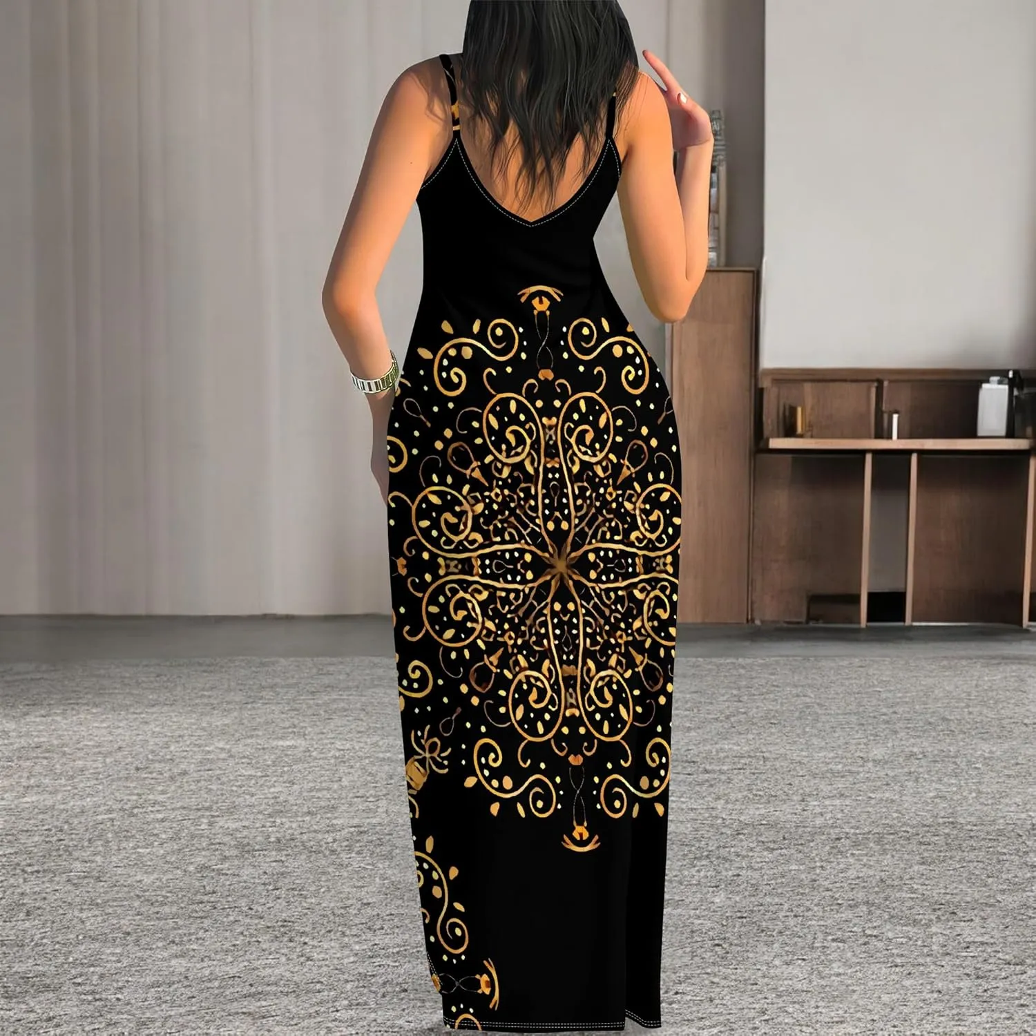 Women's Summer Maxi Dress Casual V-Neck African Print Sleeveless Spaghetti Strap Long Maxi Dresses Sexy Floral Beach Sundress