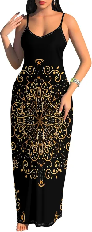 Women's Summer Maxi Dress Casual V-Neck African Print Sleeveless Spaghetti Strap Long Maxi Dresses Sexy Floral Beach Sundress