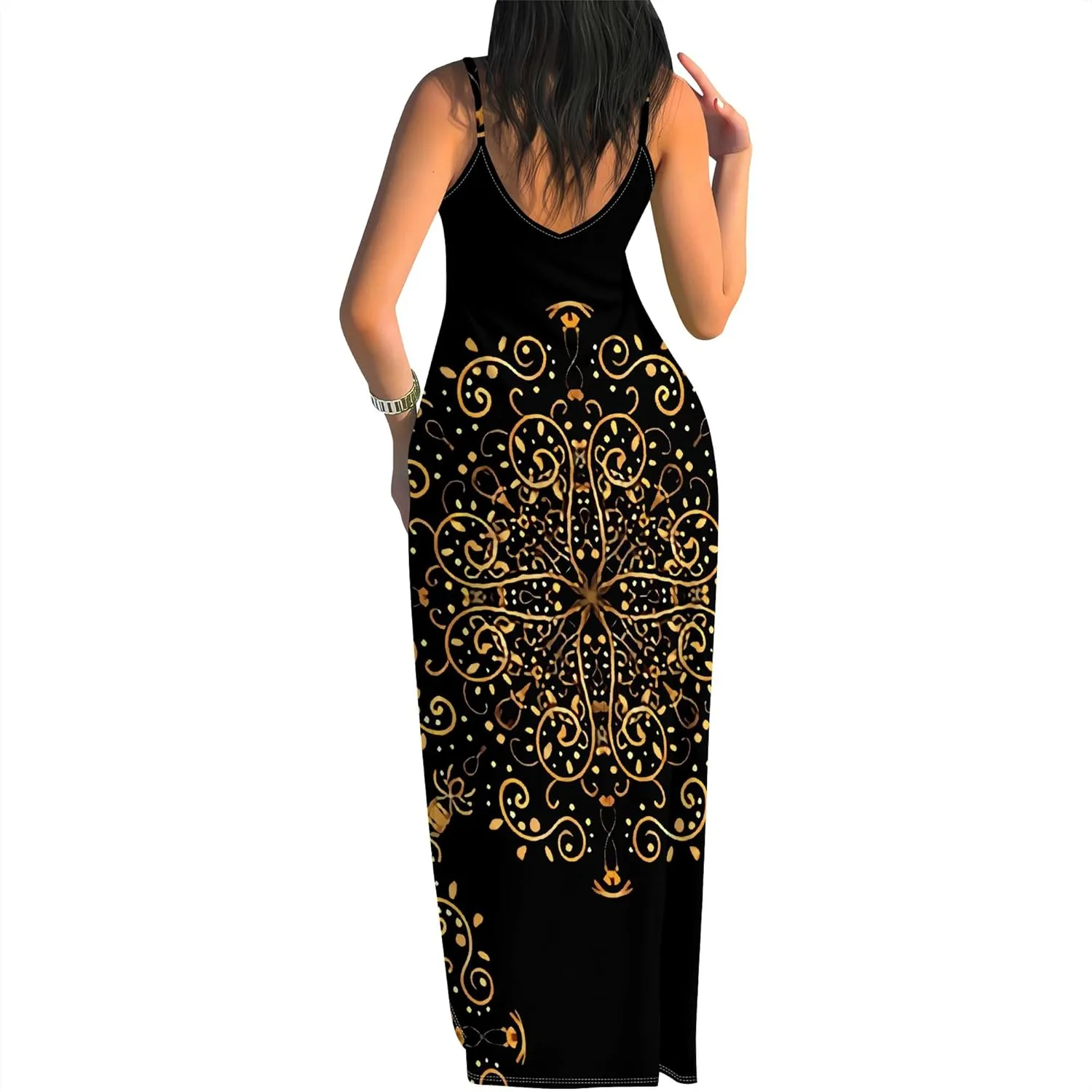 Women's Summer Maxi Dress Casual V-Neck African Print Sleeveless Spaghetti Strap Long Maxi Dresses Sexy Floral Beach Sundress