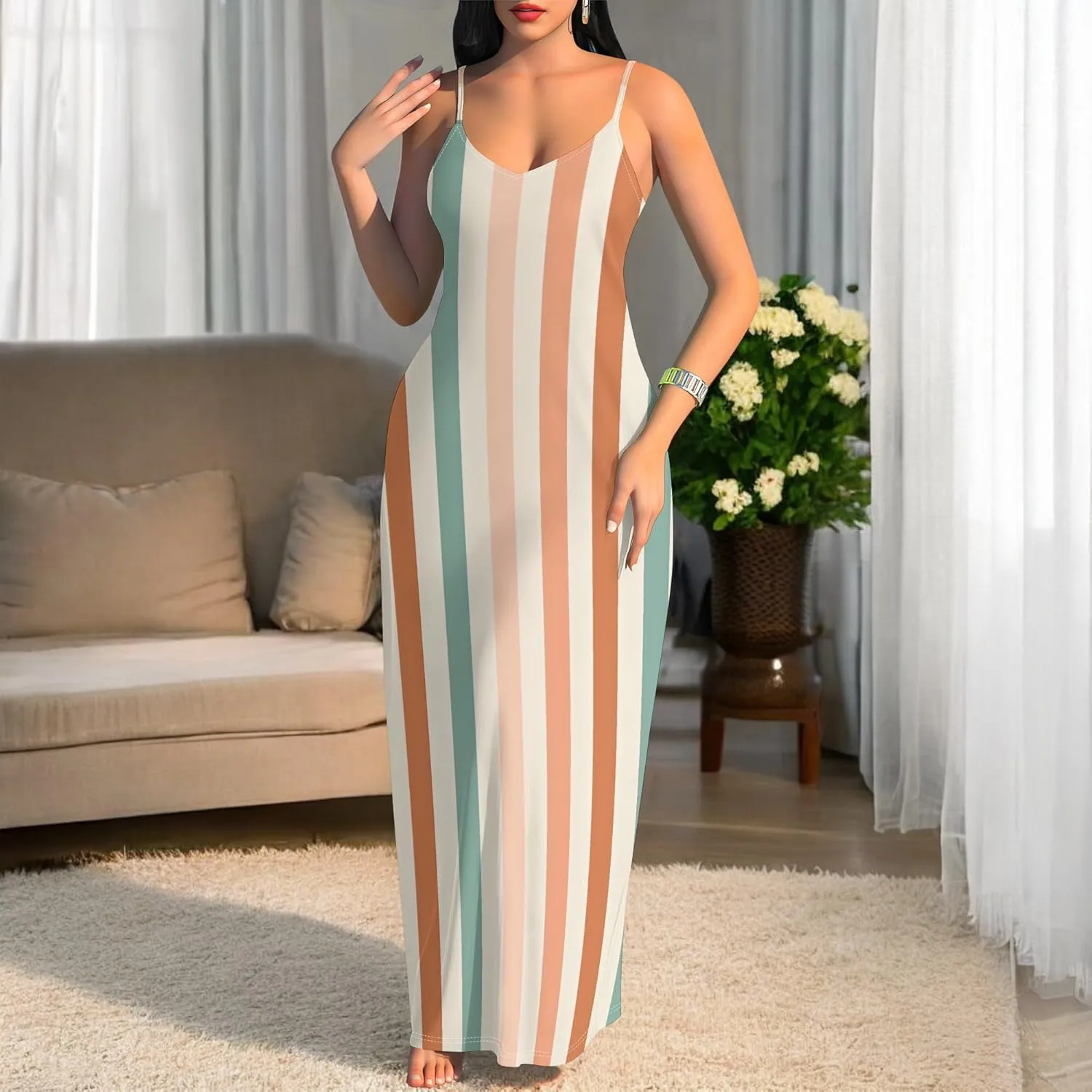 Women's Summer Maxi Dress Casual V-Neck Sleeveless Spaghetti Strap Long Dresses Sexy A-Line Beach Sundress Travel Vacation