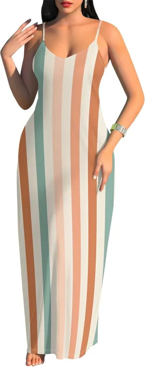 Women's Summer Maxi Dress Casual V-Neck Sleeveless Spaghetti Strap Long Dresses Sexy A-Line Beach Sundress Travel Vacation