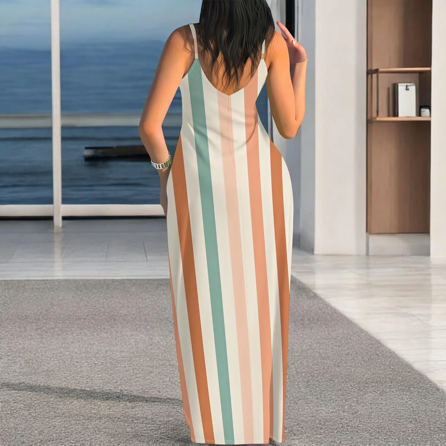 Women's Summer Maxi Dress Casual V-Neck Sleeveless Spaghetti Strap Long Dresses Sexy A-Line Beach Sundress Travel Vacation