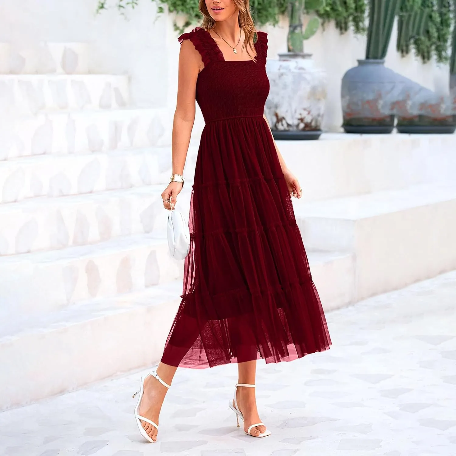 Women's Summer Midi Tulle Dress Sleeveless Smocked Square Neck Tank Dress Ruffle Flowy Party Wedding Guest Sundress