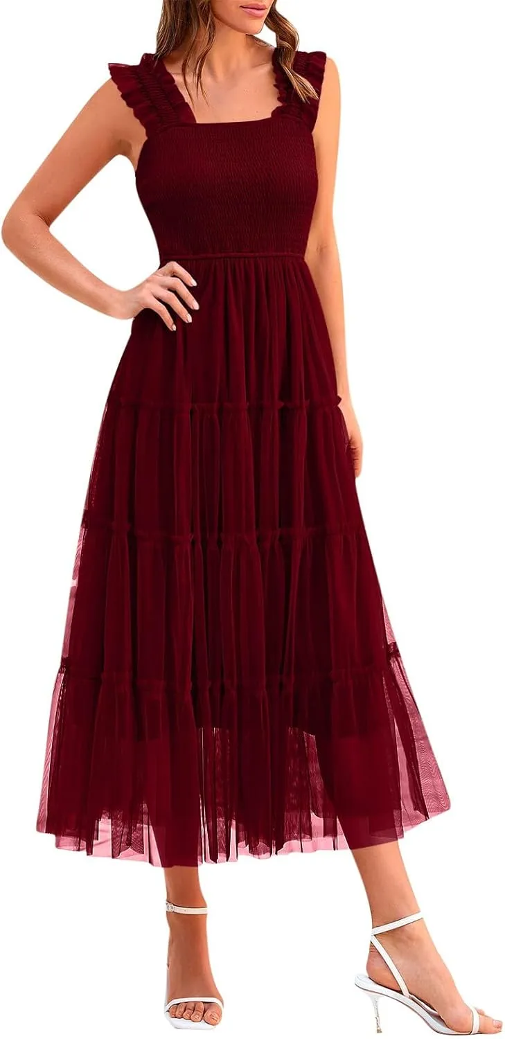 Women's Summer Midi Tulle Dress Sleeveless Smocked Square Neck Tank Dress Ruffle Flowy Party Wedding Guest Sundress