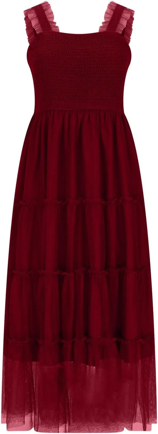Women's Summer Midi Tulle Dress Sleeveless Smocked Square Neck Tank Dress Ruffle Flowy Party Wedding Guest Sundress