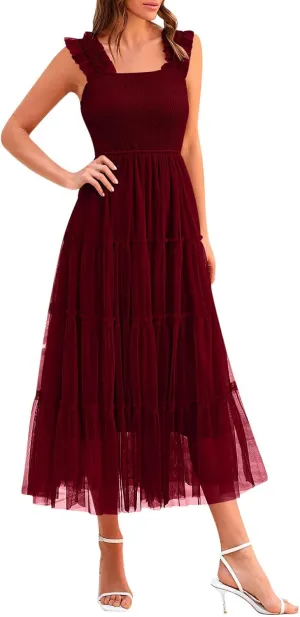 Women's Summer Midi Tulle Dress Sleeveless Smocked Square Neck Tank Dress Ruffle Flowy Party Wedding Guest Sundress