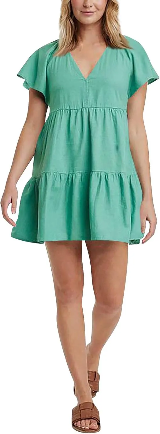 Womens Summer Ruffle Sleeve V Neck Mini Dress 2024 Fashion Casual Flowy A Line Tiered Boho Beach Vacation Sundress