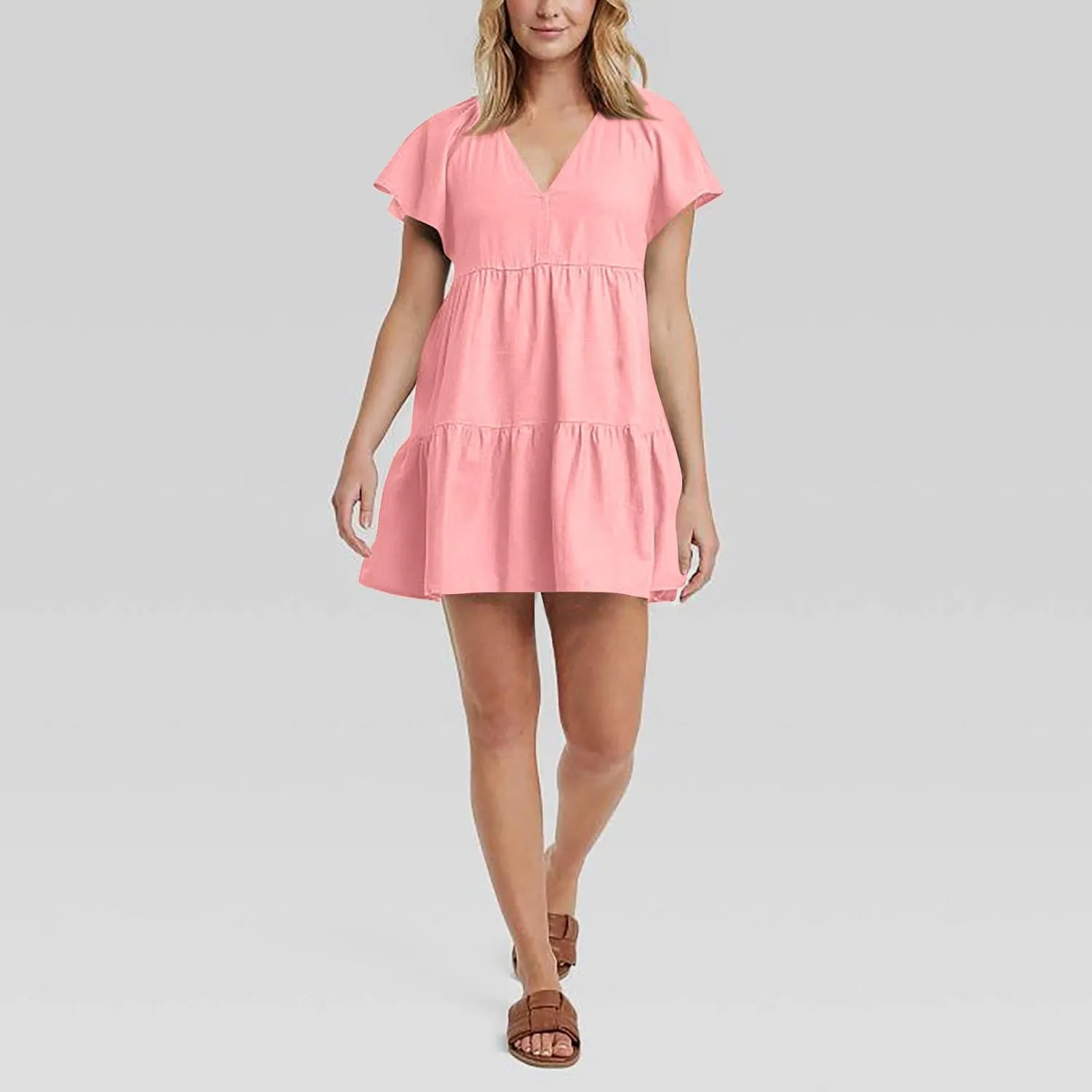 Womens Summer Ruffle Sleeve V Neck Mini Dress 2024 Fashion Casual Flowy A Line Tiered Boho Beach Vacation Sundress