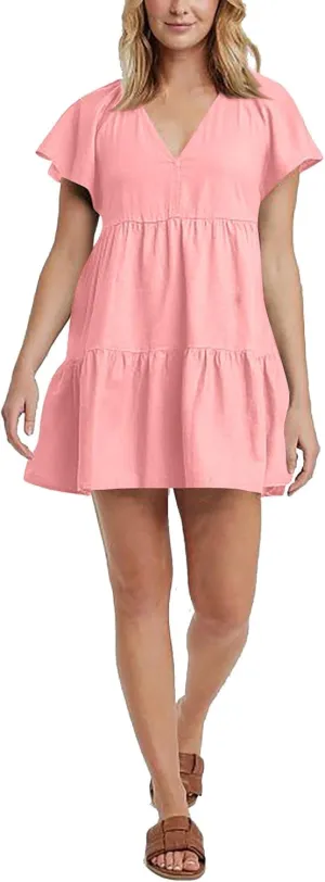 Womens Summer Ruffle Sleeve V Neck Mini Dress 2024 Fashion Casual Flowy A Line Tiered Boho Beach Vacation Sundress