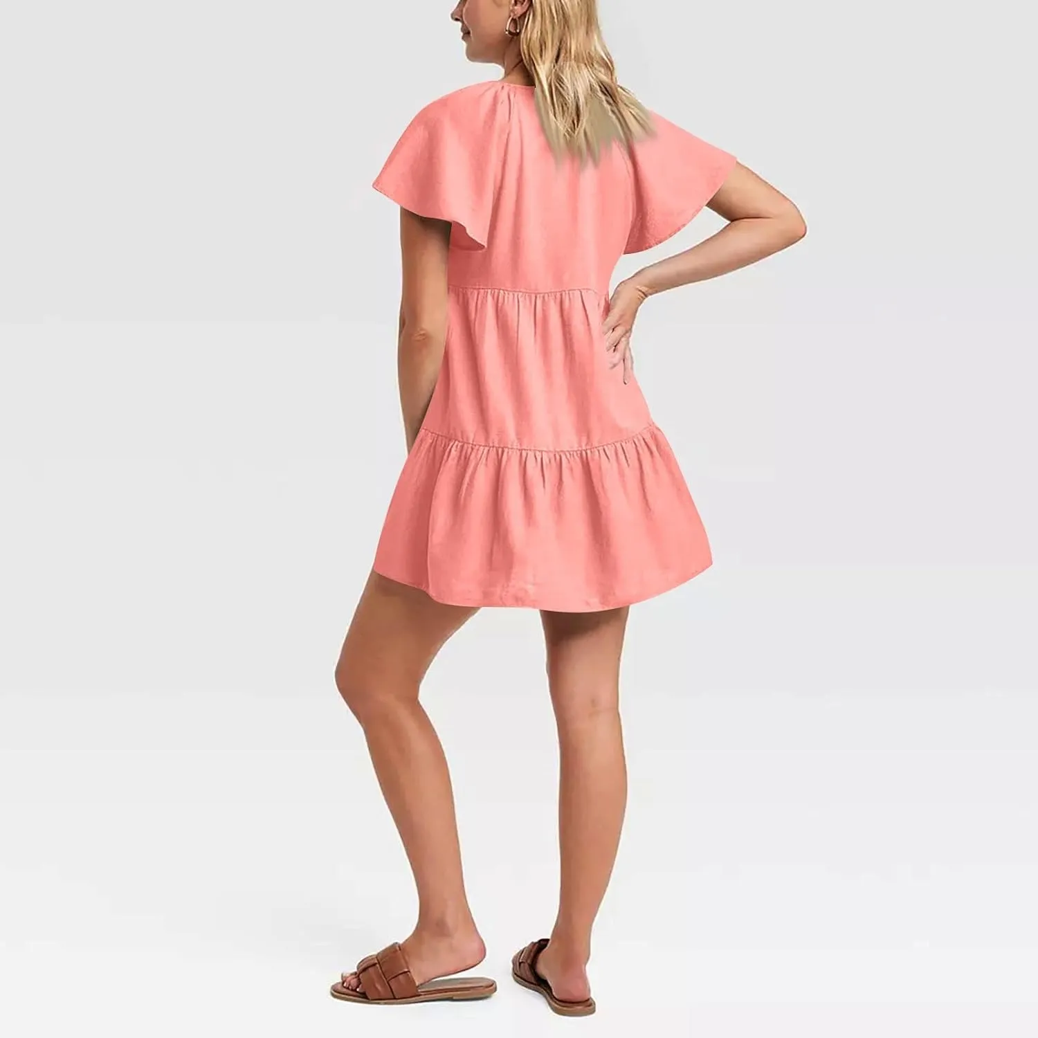 Womens Summer Ruffle Sleeve V Neck Mini Dress 2024 Fashion Casual Flowy A Line Tiered Boho Beach Vacation Sundress