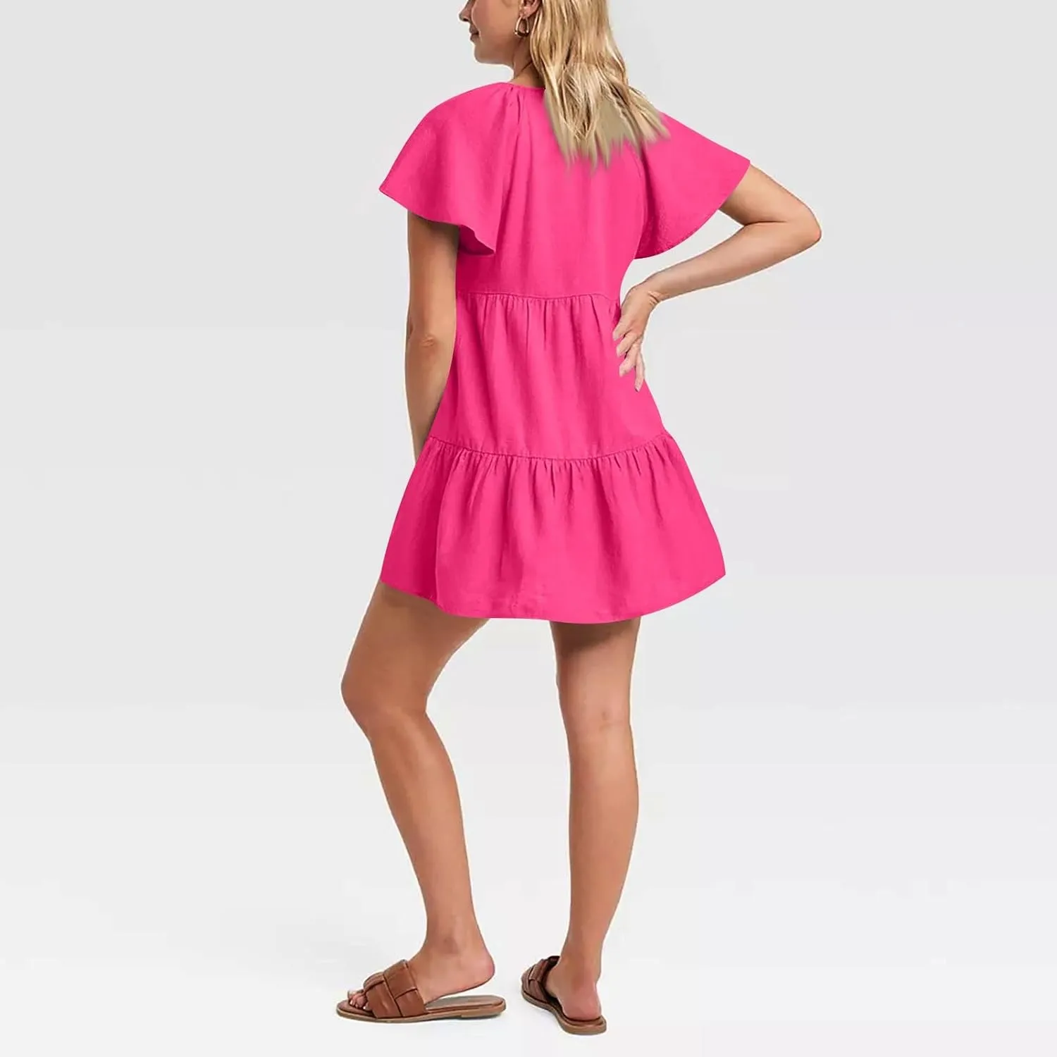Womens Summer Ruffle Sleeve V Neck Mini Dress 2024 Fashion Casual Flowy A Line Tiered Boho Beach Vacation Sundress