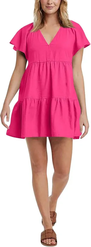 Womens Summer Ruffle Sleeve V Neck Mini Dress 2024 Fashion Casual Flowy A Line Tiered Boho Beach Vacation Sundress