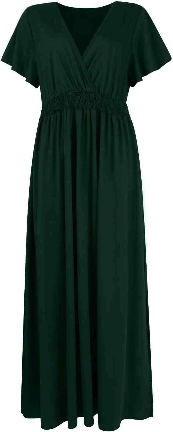 Womens Summer Wrap Maxi Dress Casual Boho Floral V Neck Short Sleeve Plus Size Hem Split Beach Long Dresses