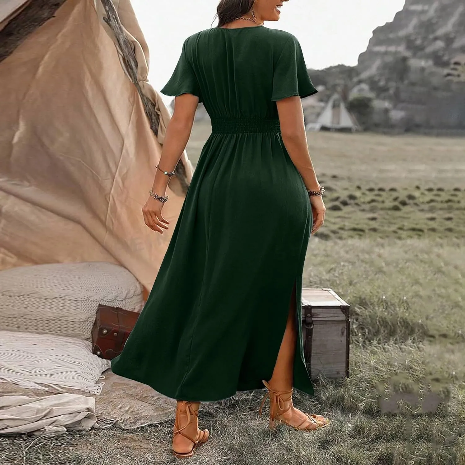Womens Summer Wrap Maxi Dress Casual Boho Floral V Neck Short Sleeve Plus Size Hem Split Beach Long Dresses