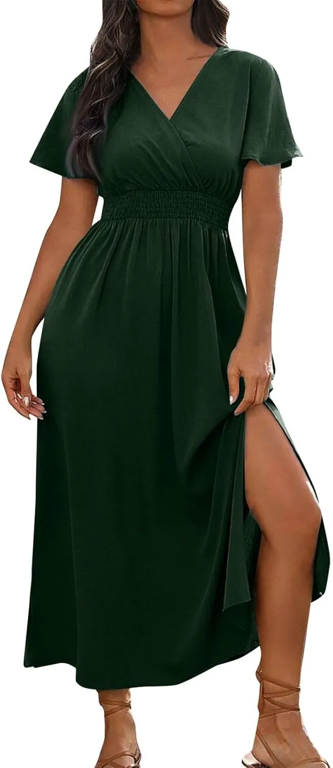 Womens Summer Wrap Maxi Dress Casual Boho Floral V Neck Short Sleeve Plus Size Hem Split Beach Long Dresses