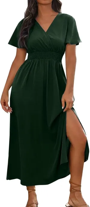 Womens Summer Wrap Maxi Dress Casual Boho Floral V Neck Short Sleeve Plus Size Hem Split Beach Long Dresses