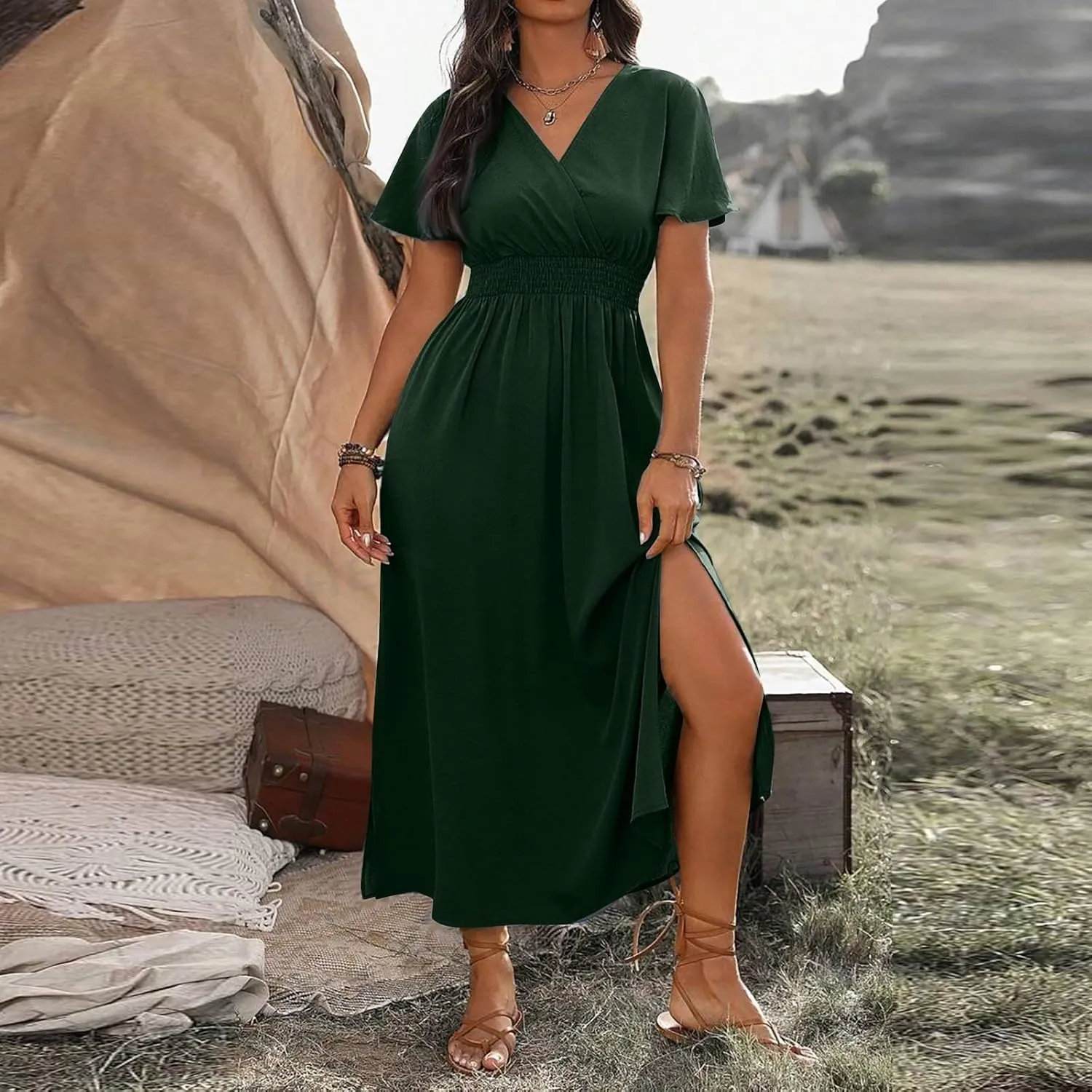 Womens Summer Wrap Maxi Dress Casual Boho Floral V Neck Short Sleeve Plus Size Hem Split Beach Long Dresses