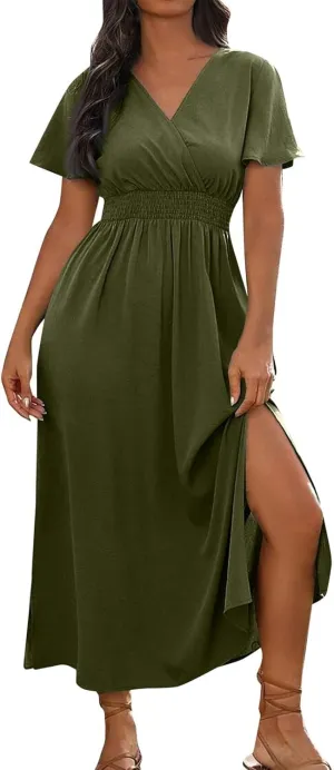 Womens Summer Wrap Maxi Dress Casual Boho Floral V Neck Short Sleeve Plus Size Hem Split Beach Long Dresses