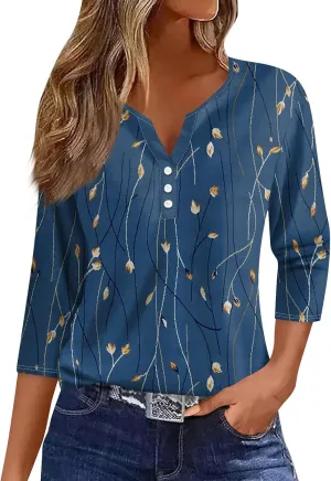Womens Tops Dressy Casual 3/4 Sleeve Spring Fashion 2025 Button Down Henley Shirts Floral Print Blouse