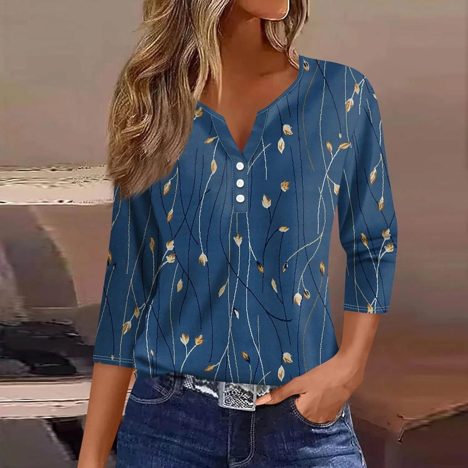 Womens Tops Dressy Casual 3/4 Sleeve Spring Fashion 2025 Button Down Henley Shirts Floral Print Blouse