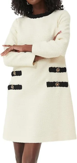 Womens Tweed Jackie Dress Elegant Crew Neck Long Sleeve Casual A-line Mini Dress