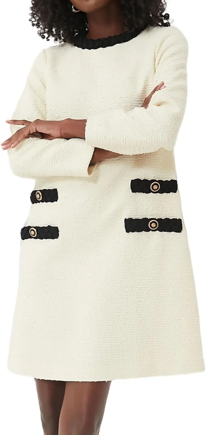 Womens Tweed Jackie Dress Elegant Crew Neck Long Sleeve Casual A-line Mini Dress