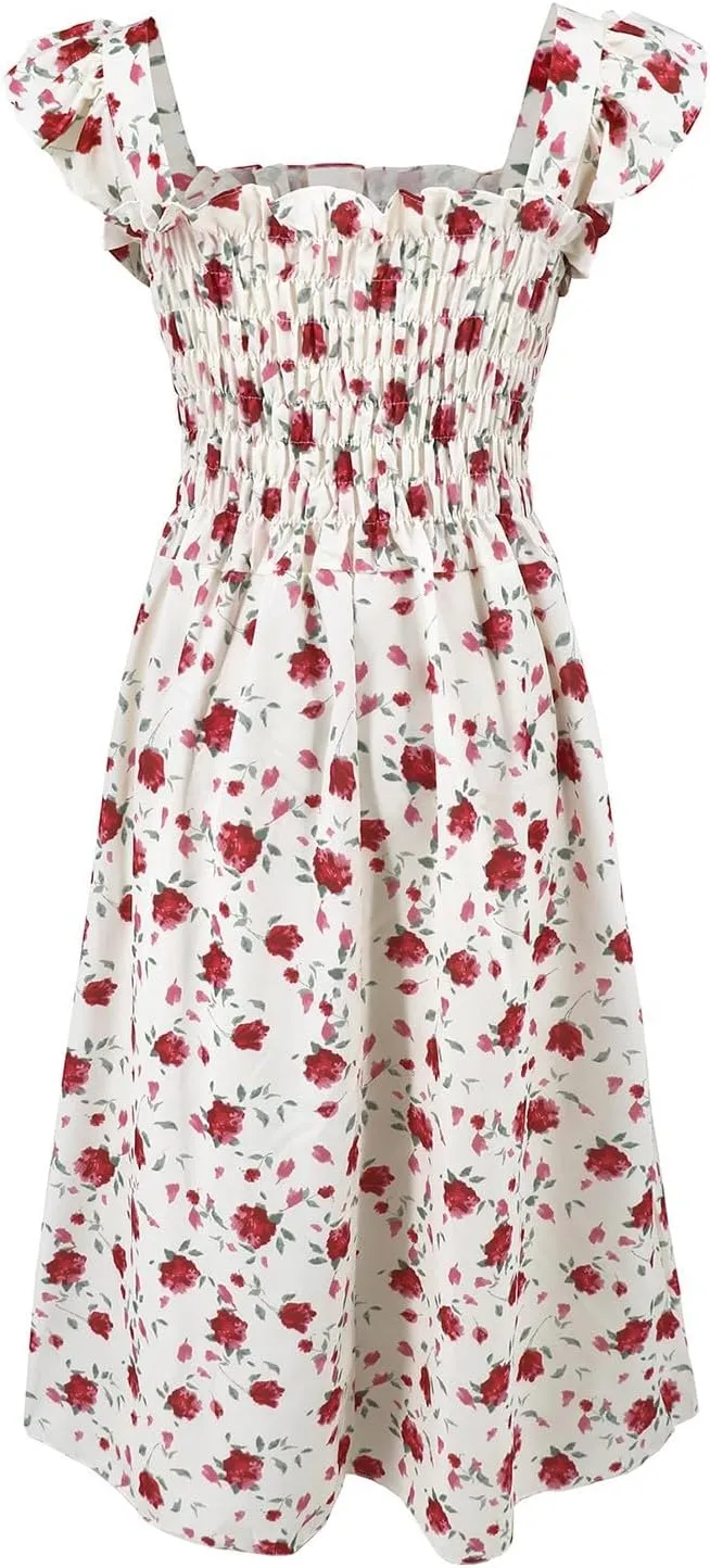 Womens V Neck Flutter Sleeve Boho Floral Midi Dress Summer Wedding Guest Beach Party Long Flowy Dresses with Belt