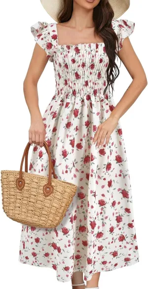 Womens V Neck Flutter Sleeve Boho Floral Midi Dress Summer Wedding Guest Beach Party Long Flowy Dresses with Belt