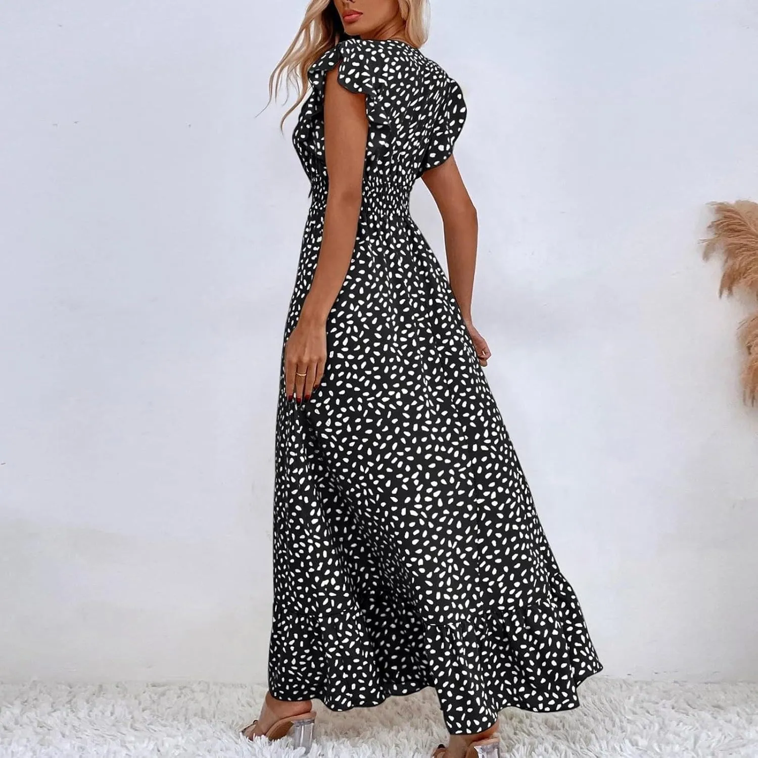 Womens V Neck Flutter Sleeve Boho Floral Midi Dress Summer Wedding Guest Beach Party Long Flowy Dresses with Belt