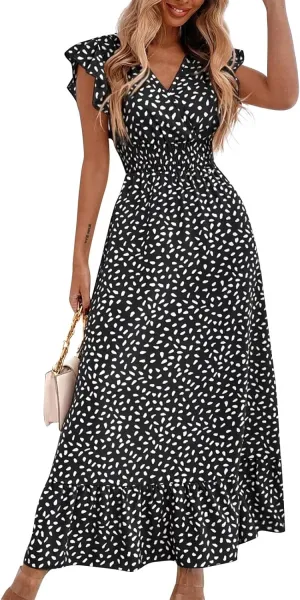 Womens V Neck Flutter Sleeve Boho Floral Midi Dress Summer Wedding Guest Beach Party Long Flowy Dresses with Belt
