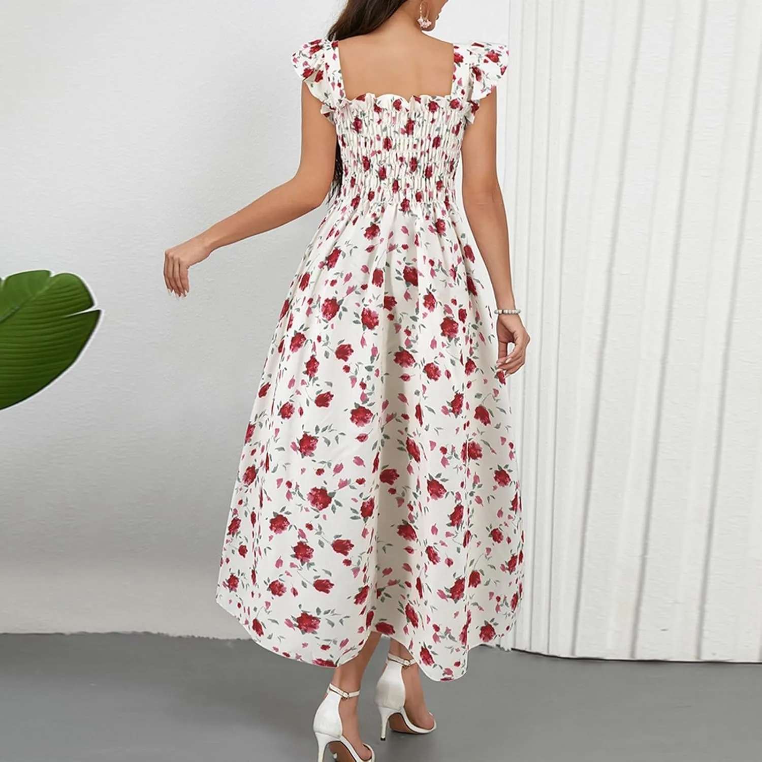 Womens V Neck Flutter Sleeve Boho Floral Midi Dress Summer Wedding Guest Beach Party Long Flowy Dresses with Belt