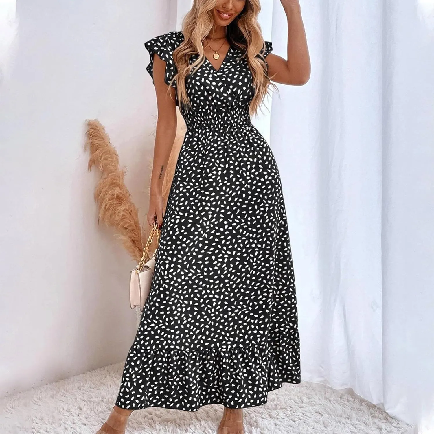Womens V Neck Flutter Sleeve Boho Floral Midi Dress Summer Wedding Guest Beach Party Long Flowy Dresses with Belt