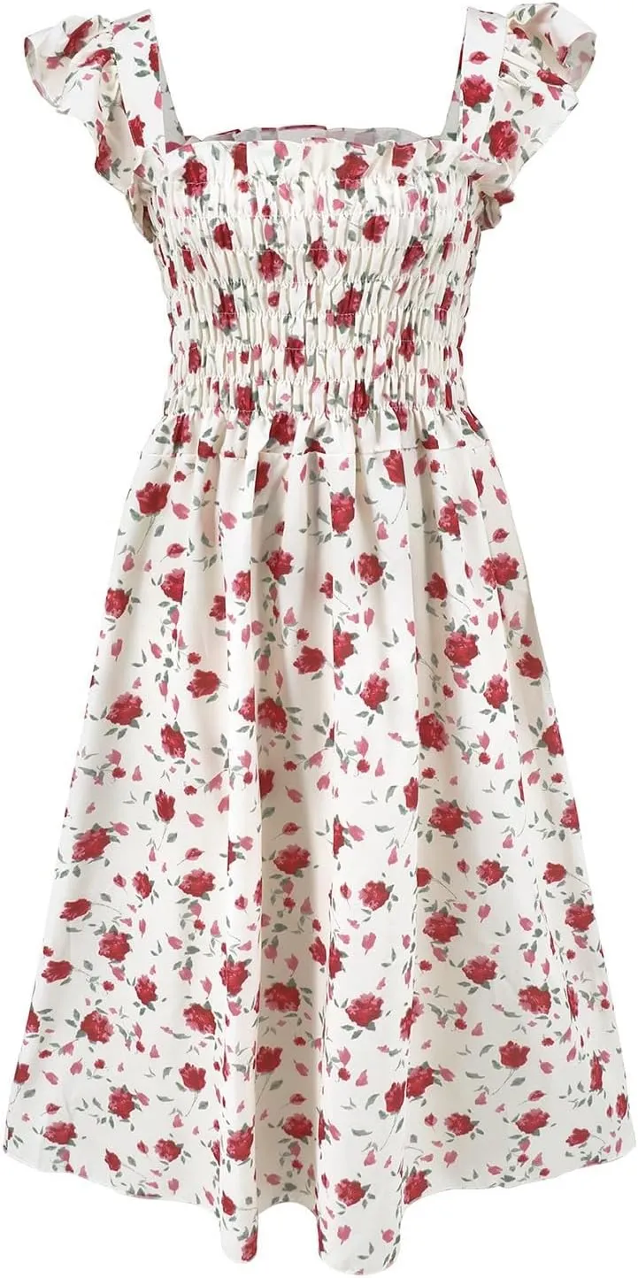 Womens V Neck Flutter Sleeve Boho Floral Midi Dress Summer Wedding Guest Beach Party Long Flowy Dresses with Belt
