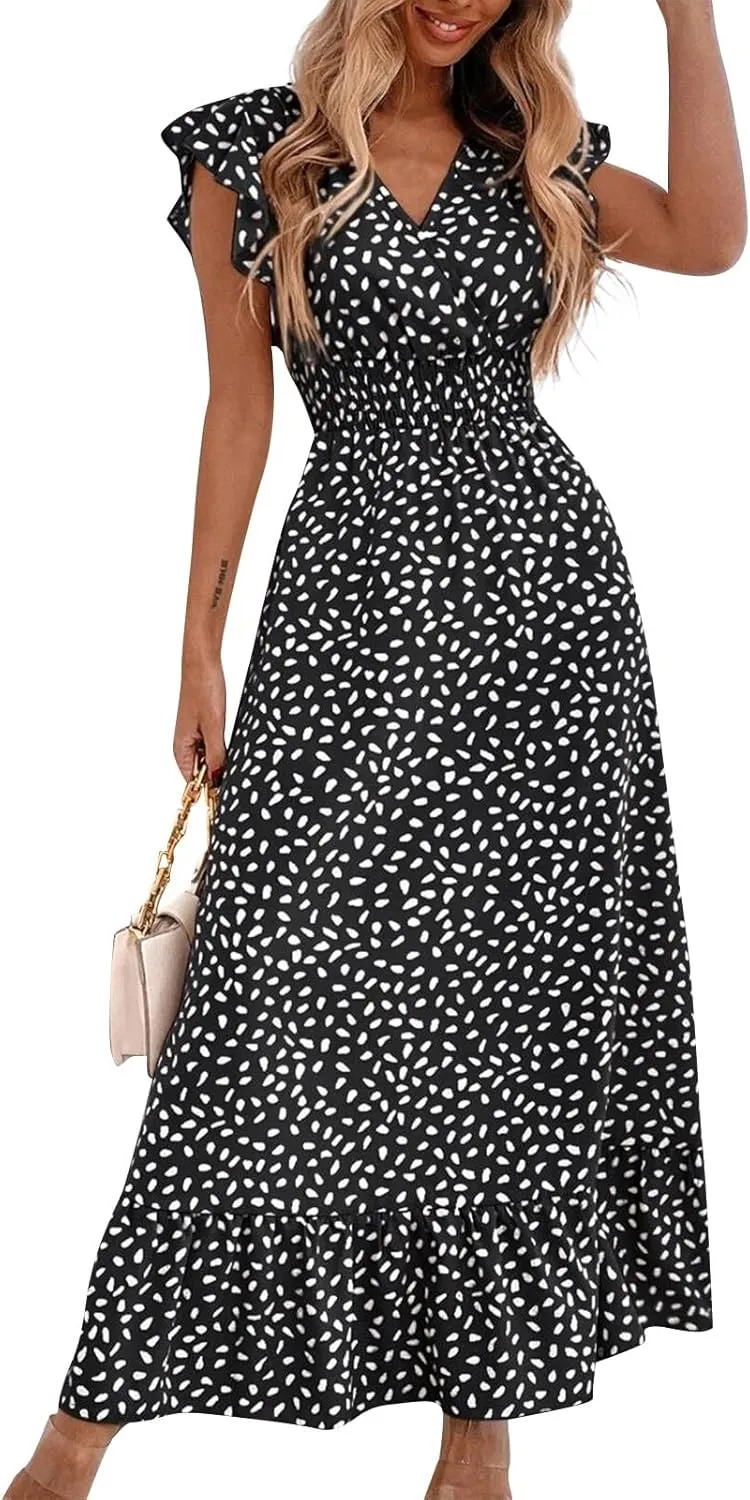 Womens V Neck Flutter Sleeve Boho Floral Midi Dress Summer Wedding Guest Beach Party Long Flowy Dresses with Belt