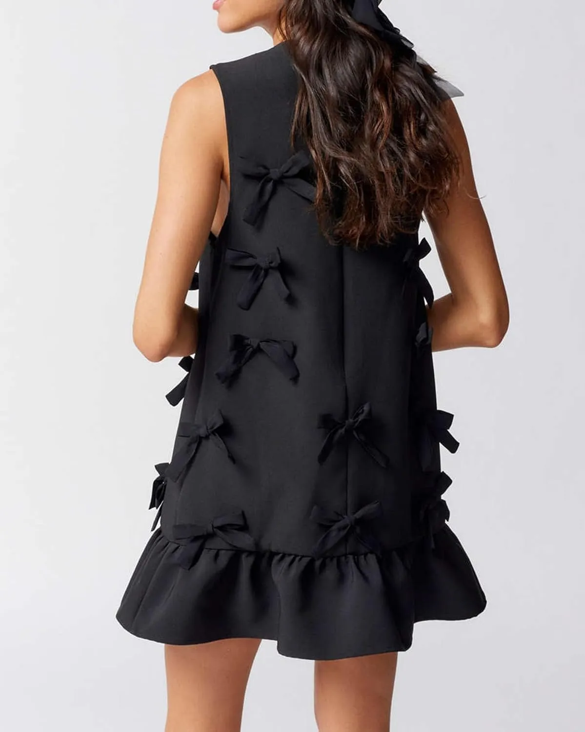 Women's V Neck Sleeveless Bow Mini Dress A-Line Flared Tunic Babydoll Dress Cocktail Party Club Wear