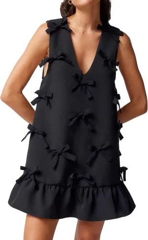 Women's V Neck Sleeveless Bow Mini Dress A-Line Flared Tunic Babydoll Dress Cocktail Party Club Wear