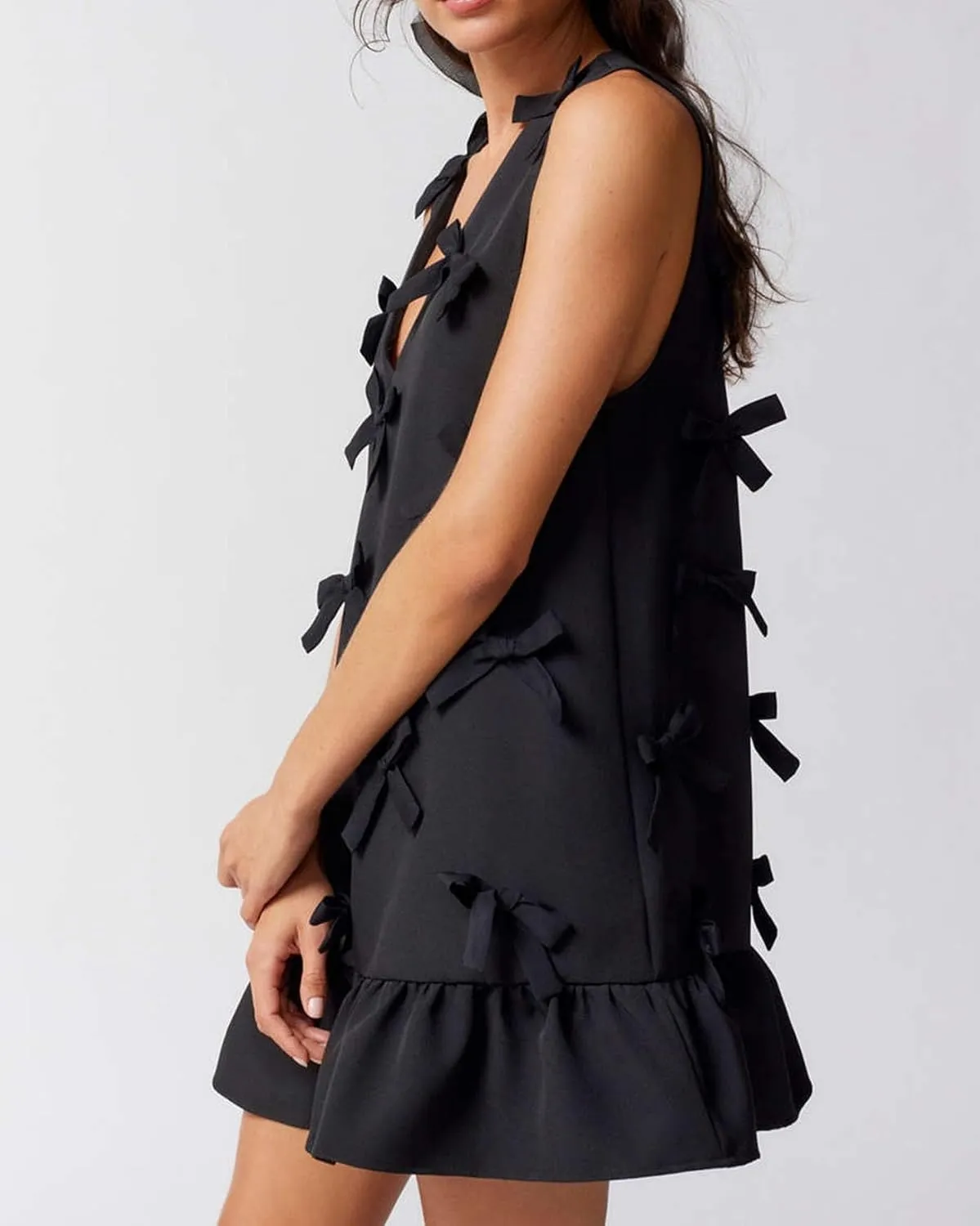 Women's V Neck Sleeveless Bow Mini Dress A-Line Flared Tunic Babydoll Dress Cocktail Party Club Wear