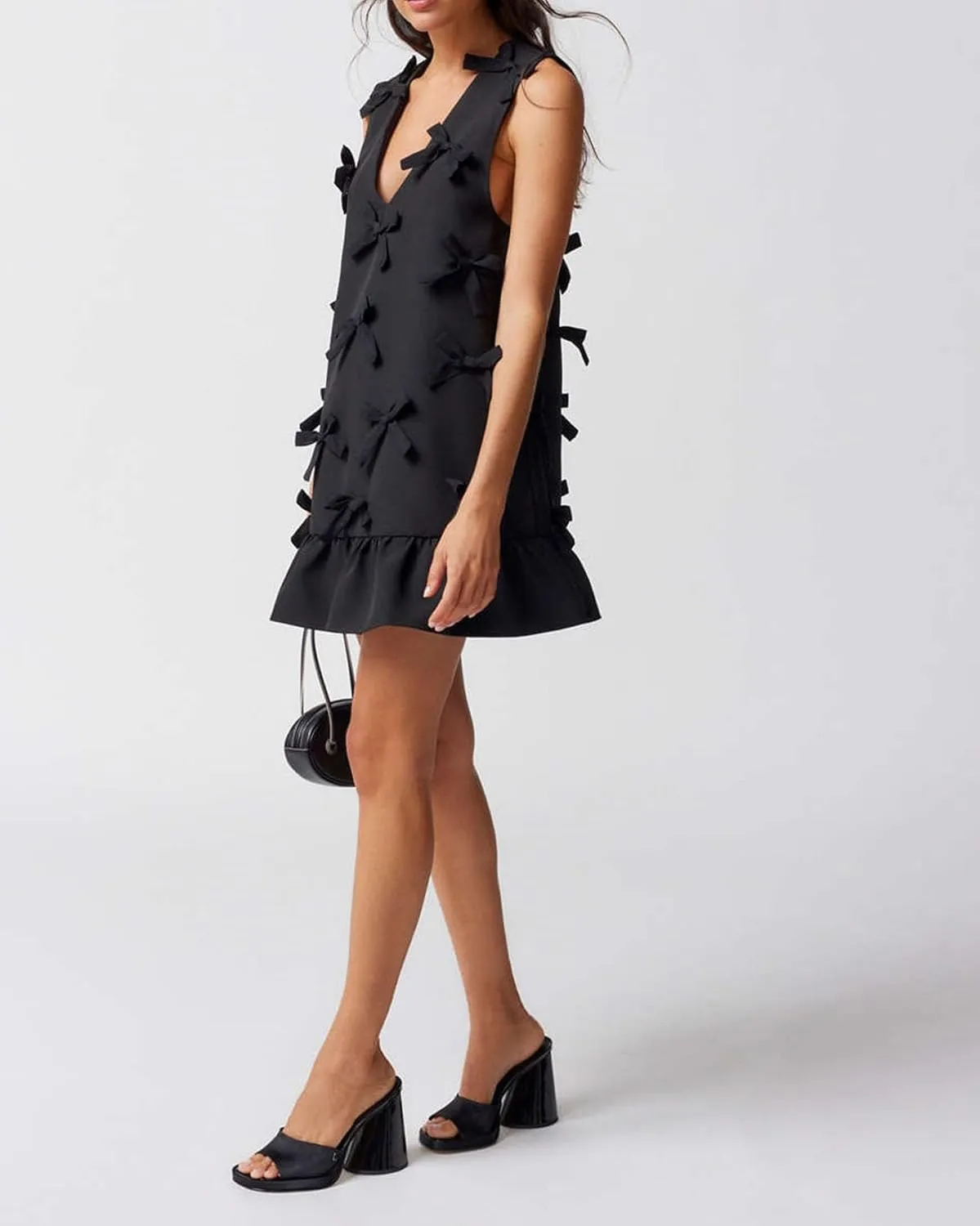 Women's V Neck Sleeveless Bow Mini Dress A-Line Flared Tunic Babydoll Dress Cocktail Party Club Wear