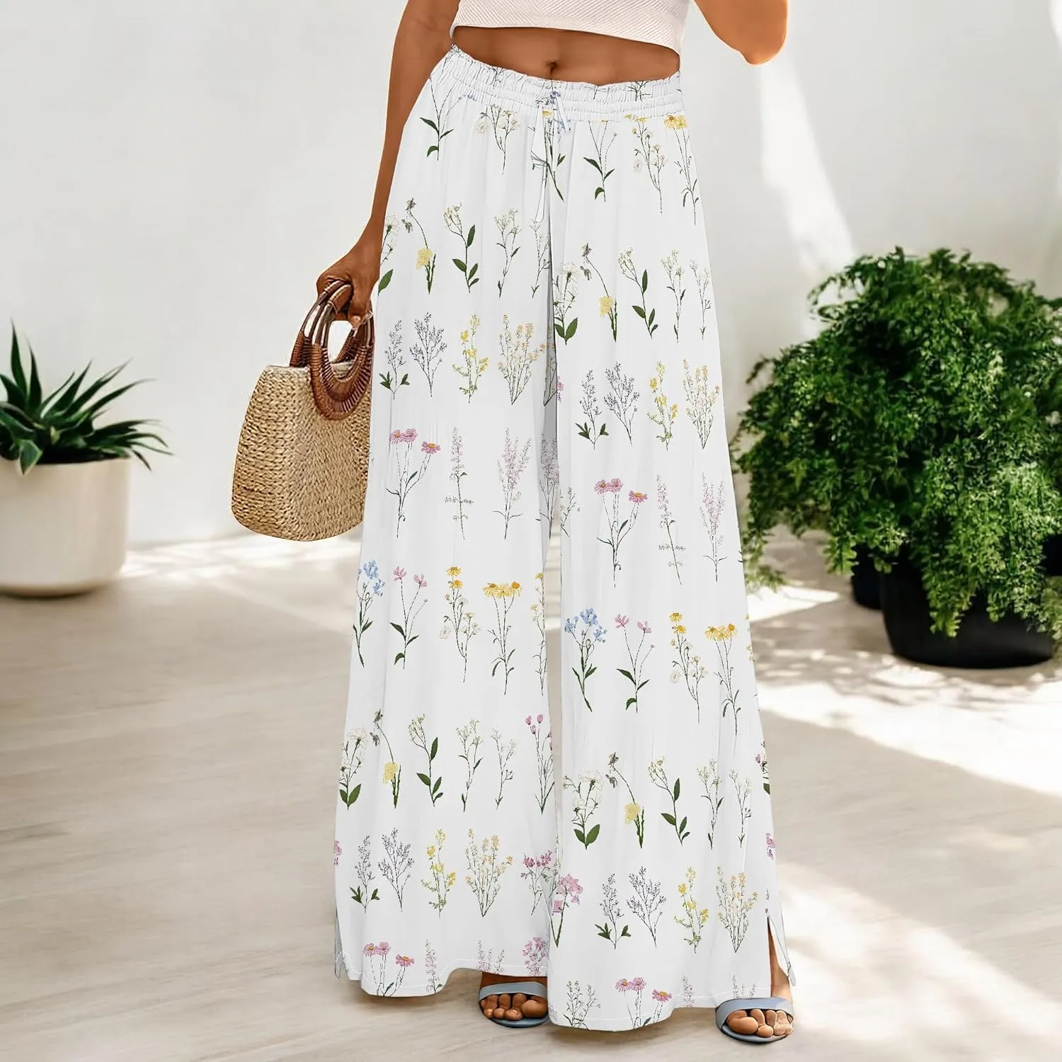 Womens Wide Leg Palazzo Pants Boho Floral 2025 Summer Beach Culottes Flowy Casual Lounge Trousers for Vacation