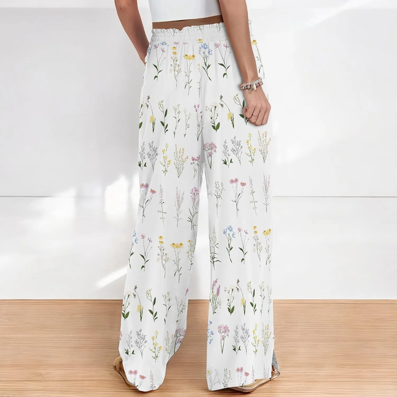 Womens Wide Leg Palazzo Pants Boho Floral 2025 Summer Beach Culottes Flowy Casual Lounge Trousers for Vacation