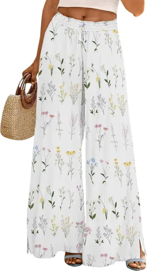 Womens Wide Leg Palazzo Pants Boho Floral 2025 Summer Beach Culottes Flowy Casual Lounge Trousers for Vacation