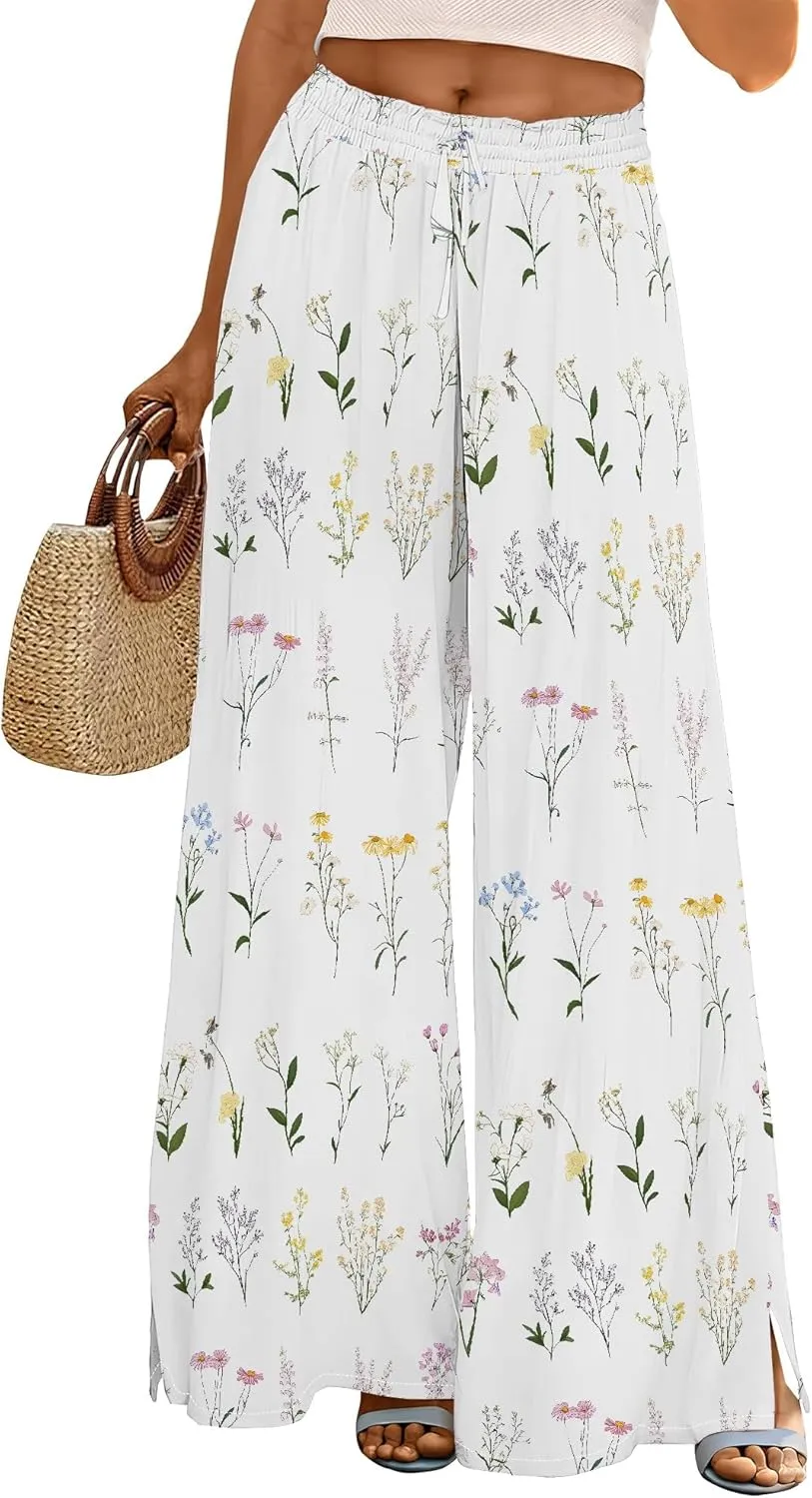 Womens Wide Leg Palazzo Pants Boho Floral 2025 Summer Beach Culottes Flowy Casual Lounge Trousers for Vacation