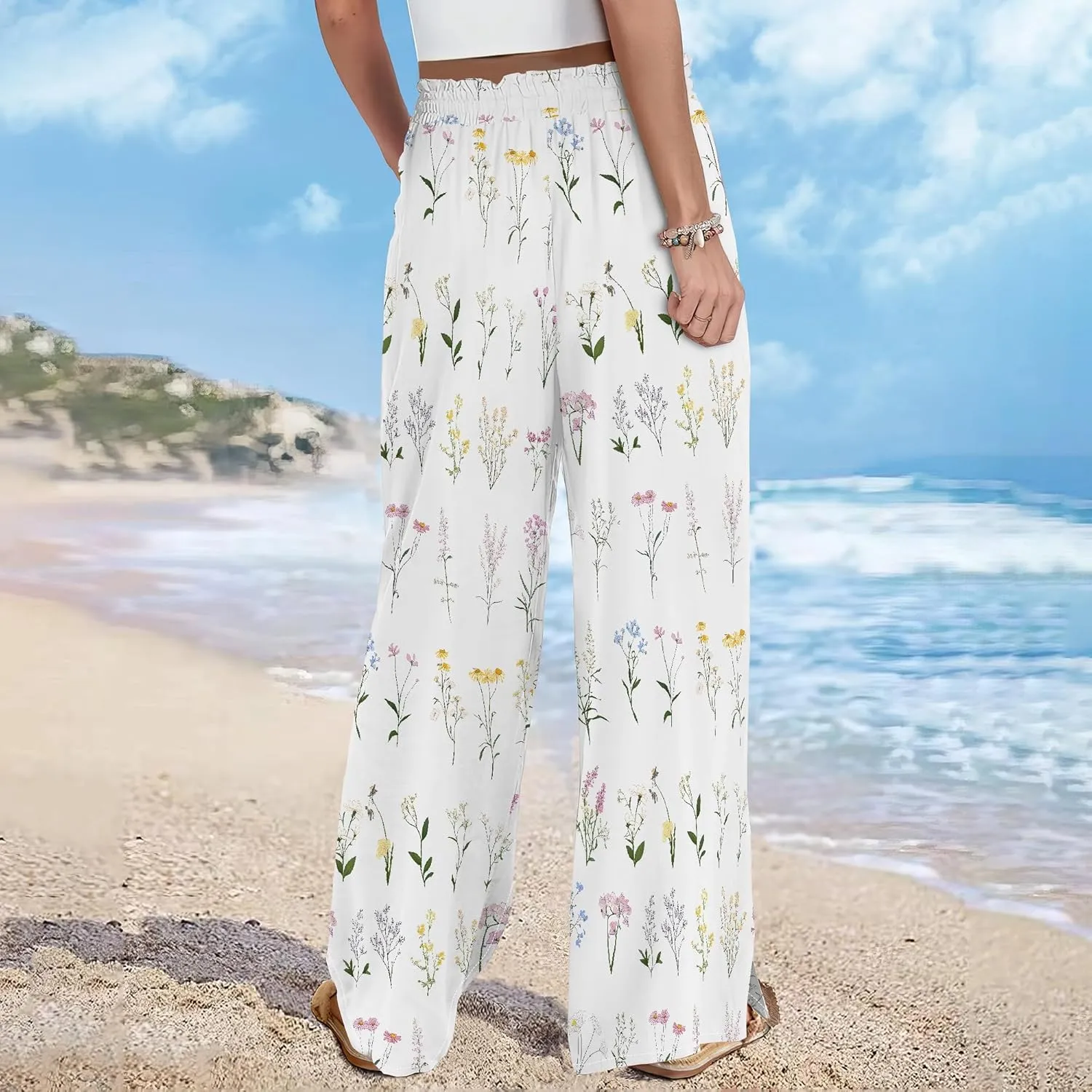 Womens Wide Leg Palazzo Pants Boho Floral 2025 Summer Beach Culottes Flowy Casual Lounge Trousers for Vacation