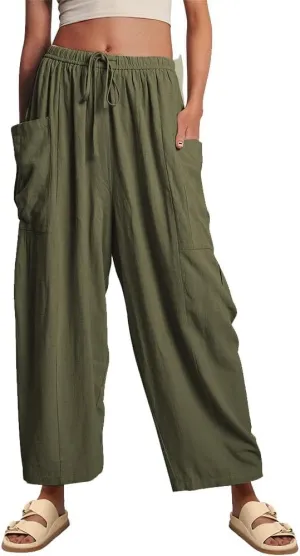 Womens Wide Leg Pants Solid Color Casual Loose Fit Flowy Elastic Harem Pants with Pockets Summer Beach Vacation