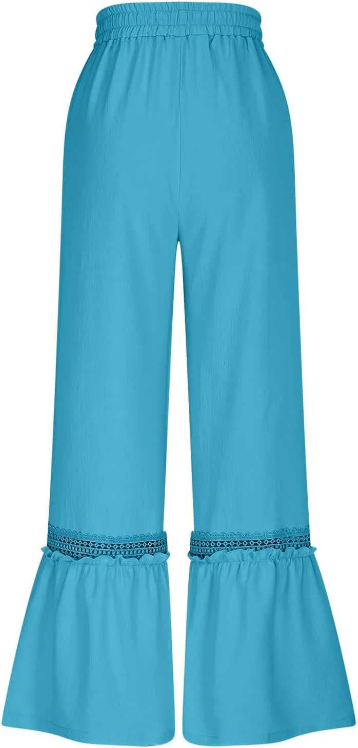 Womens Wide Leg Pants Solid Pleated Drawstring Elastic High Waist Pant Summer Casual Trousers with Pockets