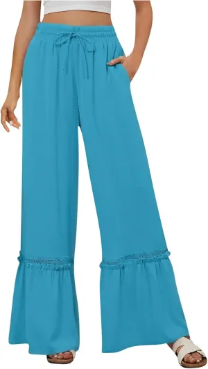 Womens Wide Leg Pants Solid Pleated Drawstring Elastic High Waist Pant Summer Casual Trousers with Pockets